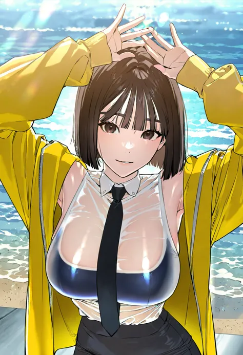 masterpiece、best quality、great quality、is very aesthetic、absurd、newest、 Scenery、1 girl、solo、Big Breasts、brown eyes、short hair、bob cut、brown hair、black hair、dark eyes、 dull bangs、yellow jacket、long sleeve、black tie、swimsuit、White school swimsuit、See-through...