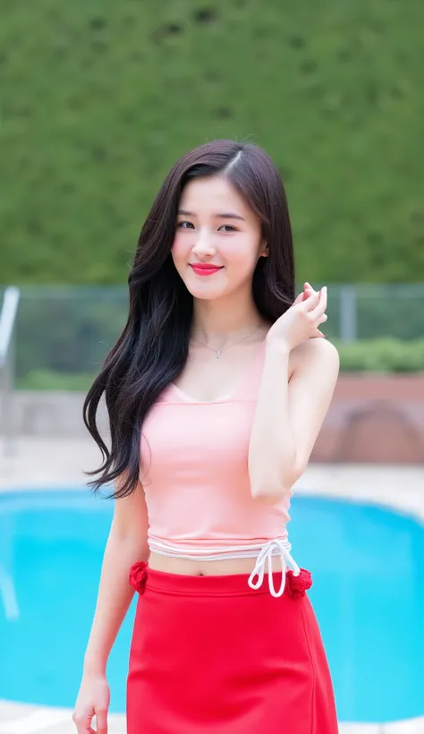A young woman confidently walking poolside, dressed in a stylish light red crop top and a matching red skirt with a white waistband tie. She has long, flowing black hair and is touching it gently while smiling, exuding a relaxed and cheerful summer vibe. T...