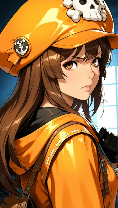 1girl , may (guilty gear) , skull and crossbones , orange hat , long hair , brown eyes , black gloves , orange hoodie, back view, buttocks, kawaii, detailed portrait, intricate facial features, serious expression, confident posture, best quality, 4k, ultra...