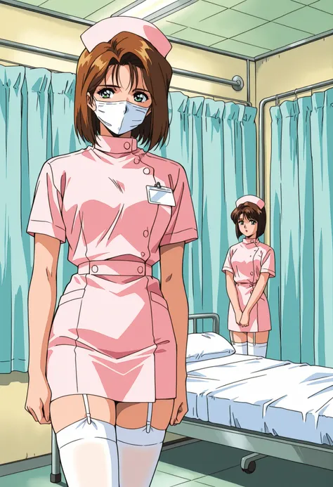 Score_9, score_8_up, score_7_up, source_anime, Shinjyo Remi, brown hair, short hair, green eyes, retro artstyle, 1990s (style), (best quality), (high quality), {masterpiece}, extremely delicate and beautiful, ultra-detailed, beautiful detailed eyes, nurse,...