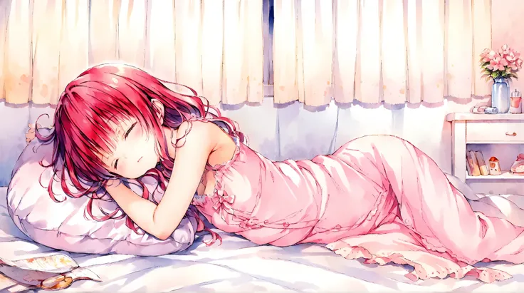 Official illustration using hand drawn watercolor techniques　sleeping on a bed