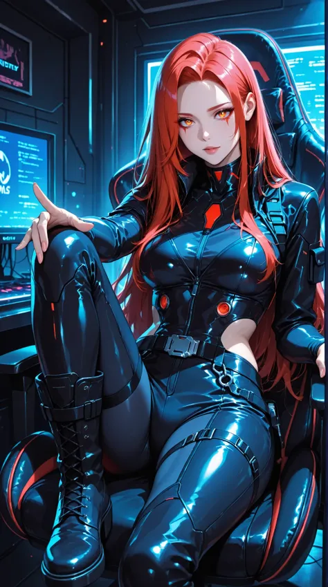 A beautiful anime girl with long crimson hair, sitting in a dark, futuristic gaming chair, wearing a sleek, black leather outfit with buckles and zippers, and high black boots; the image showcases a vibrant cyberpunk aesthetic with cool tones, detailed te...