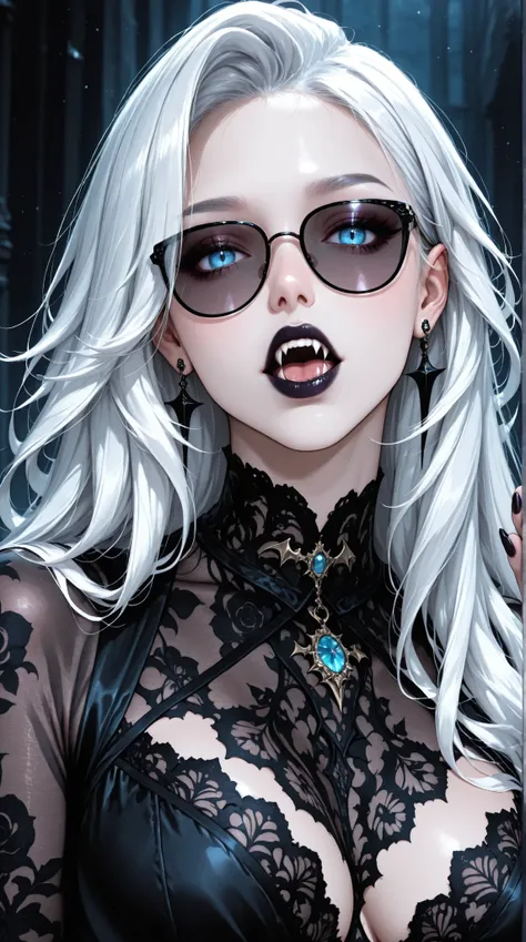 A digital portrait of a fashionably goth anime vampire girl with white hair, dark lipstick, fangs, and black lace clothing; her blue eyes are hidden behind dark sunglasses, her nails are long and black, and her accessories are ornate and detailed, dramatic...