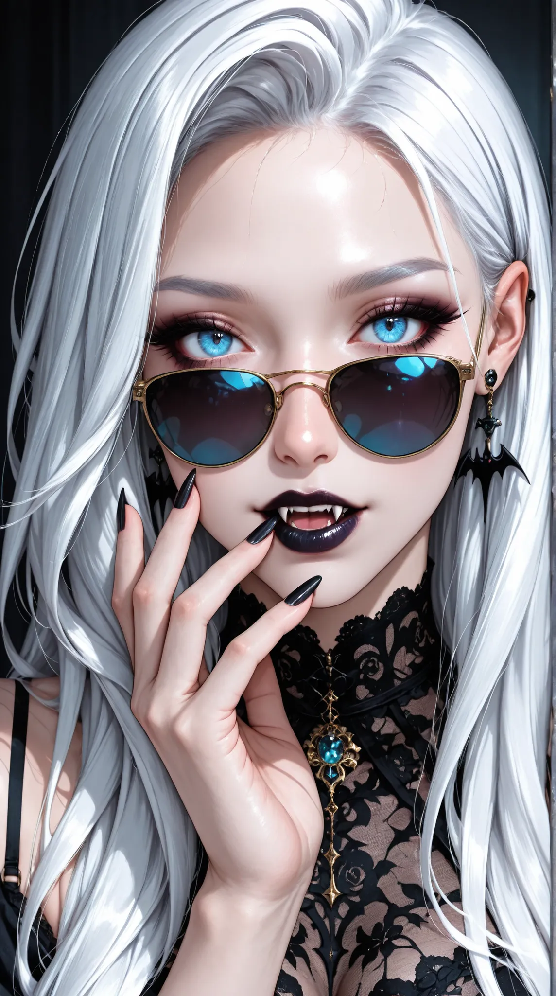A digital portrait of a fashionably goth anime vampire girl with white hair, dark lipstick, fangs, and black lace clothing; her blue eyes are hidden behind dark sunglasses, her nails are long and black, and her accessories are ornate and detailed, dramatic...