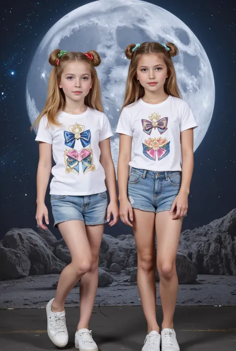 Create a highly realistic photograph featuring two girls. One is a beautiful 20-year-old with fair skin and very long straight blonde hair styled in twin buns. The other is a cute, hre daughter with fair skin, also with twin tails. Both girls are wearing m...