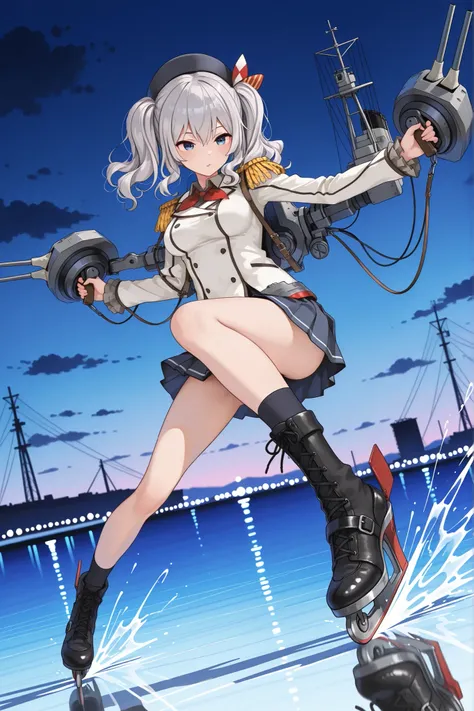 1girl, solo, kashima skating on the sea, k_hat,black beret,k_clothes,rudder footwear,k_ro,machinery,turret, ((shooting)), masterpiece, best quality, high resolution, absurdres, highres, depth of field, masterpiece, best quality, high resolution, absurdres,...