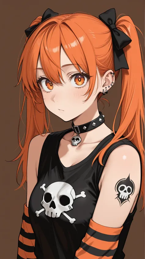 masterpiece, best quality, amazing quality, 8k, high resolution, 1girl, A vibrant, stylized portrait of a girl with fiery orange hair in twin pigtails adorned with black bows, large expressive eyes, and a detailed punk-inspired aesthetic; featuring a stud...