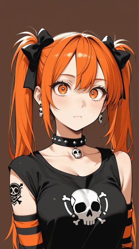 masterpiece, best quality, amazing quality, 8k, high resolution, 1girl, A vibrant, stylized portrait of a girl with fiery orange hair in twin pigtails adorned with black bows, large expressive eyes, and a detailed punk-inspired aesthetic; featuring a stud...