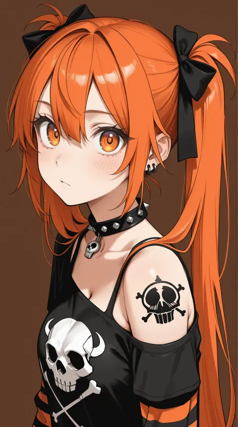 masterpiece, best quality, amazing quality, 8k, high resolution, 1girl, A vibrant, stylized portrait of a girl with fiery orange hair in twin pigtails adorned with black bows, large expressive eyes, and a detailed punk-inspired aesthetic; featuring a stud...