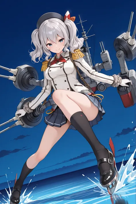 1girl, solo, kashima skating on the sea, k_hat,black beret,k_clothes,rudder footwear,k_ro,machinery,turret, ((shooting)), perfect face, beautiful face, very detailed face, Beautiful face with clear long eyelash, detailed_eyes, smile, masterpiece, best qual...