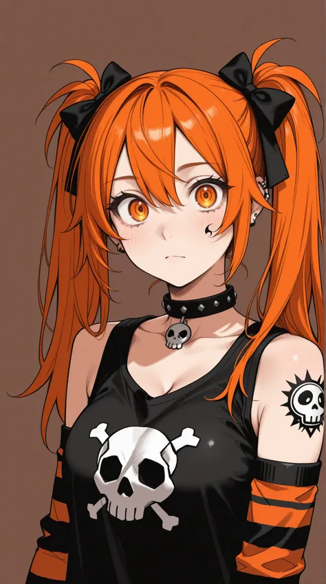 masterpiece, best quality, amazing quality, 8k, high resolution, 1girl, A vibrant, stylized portrait of a girl with fiery orange hair in twin pigtails adorned with black bows, large expressive eyes, and a detailed punk-inspired aesthetic; featuring a stud...