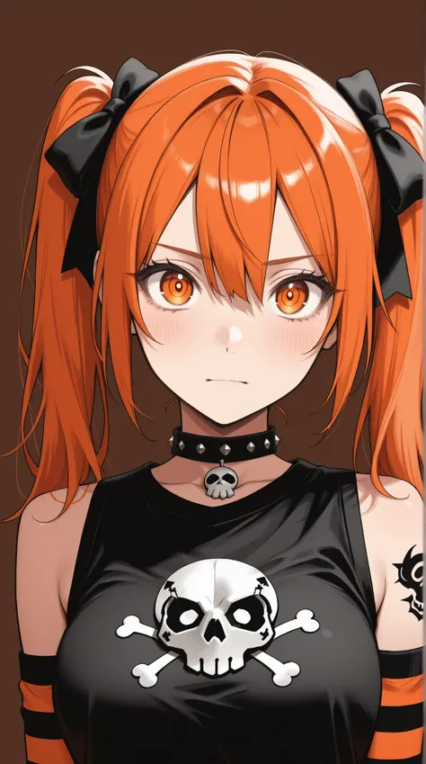masterpiece, best quality, amazing quality, 8k, high resolution, 1girl, A vibrant, stylized portrait of a girl with fiery orange hair in twin pigtails adorned with black bows, large expressive eyes, and a detailed punk-inspired aesthetic; featuring a stud...