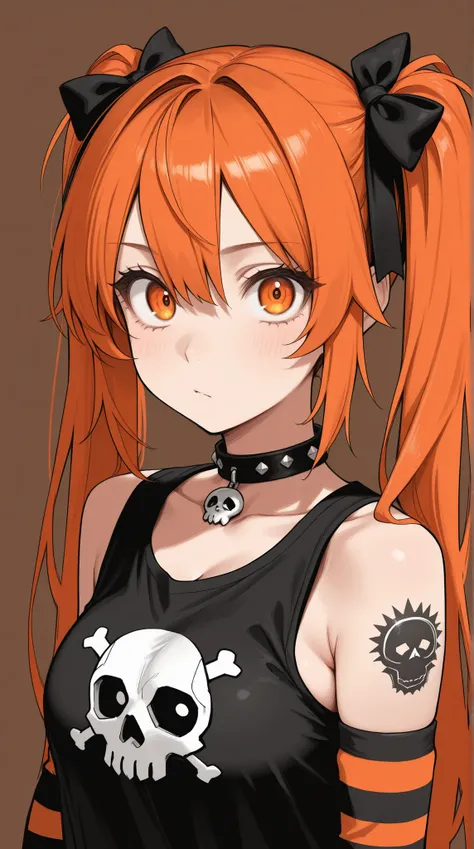 masterpiece, best quality, amazing quality, 8k, high resolution, 1girl, A vibrant, stylized portrait of a girl with fiery orange hair in twin pigtails adorned with black bows, large expressive eyes, and a detailed punk-inspired aesthetic; featuring a stud...