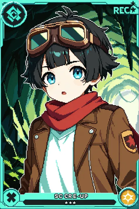 score_9, score_8_up, score_7_up, source_anime, 1boy, solo, pixel art, playingcard, elite rank icon, E, trading card, card_(medium), RPG stats, aviator, young boy BREAK
Black hair, short hair, hair flaps, blunt bangs, blue eyes BREAK
Aviator_goggles_on_...
