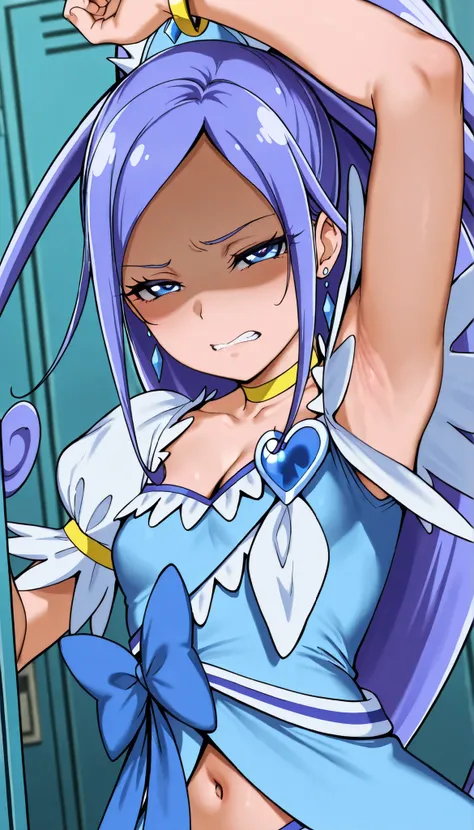 3D, cure diamond,
capelet, gem, blue dress, yellow bracelet, blur ribbon, earrings, cleavage, navel, 

Alp,

shaded face, ,(disgistied face:1.2),  (narrowed eyes:1.4),\(troubled eyeblows:1.8\), disdaining , (clenched teeth), look down at viewer,  masterpie...