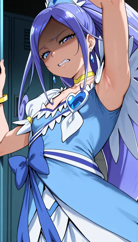 3D, cure diamond,
capelet, gem, blue dress, yellow bracelet, blur ribbon, earrings, cleavage, navel, 

Alp,

shaded face, ,(disgistied face:1.2),  (narrowed eyes:1.4),\(troubled eyeblows:1.8\), disdaining , (clenched teeth), look down at viewer,  masterpie...