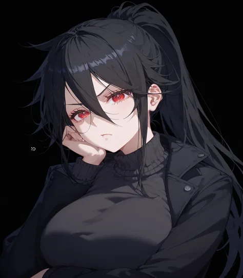 girl,ผมสีดำ, Black hair,in red eyes,black winter dress,Black Shirt,Big Breasts,Black Coat, Tomboy,slim,good figure,long hair, ponytail,serious page,black background,,Anime,Upper Body Shape,Pointed eyes ,Fierce face, Large X,รายละเอียดXสูงสุด,X,Two tone eye...