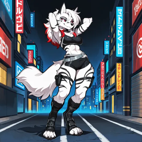 Anime style, masterpiece, best quality, full body picture, centered, three-quarters view, 1girl, PLHighwire, furry, tall, anthro, female white wolf, digitigrade legs, white fur covered body, black toeless boots, calf length boots, boots with straps, black ...