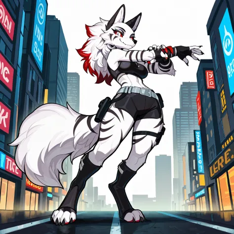Anime style, masterpiece, best quality, full body picture, centered, three-quarters view, 1girl, PLHighwire, furry, tall, anthro, female white wolf, digitigrade legs, white fur covered body, black toeless boots, calf length boots, boots with straps, black ...