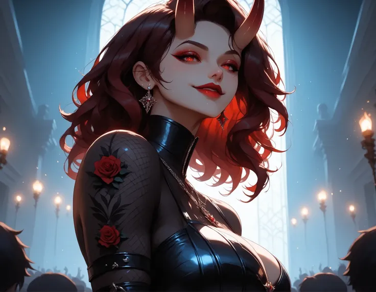 (masterpiece:1.2), (best quality:1.2), ultra detailed, 8k, watercolor, cinematic lighting, volumetric_lighting, rim light, soft shadows, ((forced_perspective)), (Diminishing scale perspective:1.3), fashion runway pulsing with crimson strobes and devilish r...
