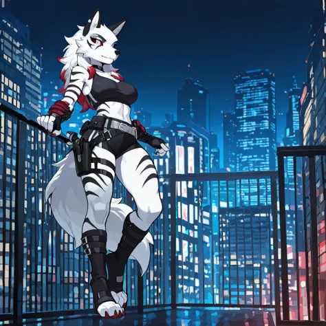 Anime style, masterpiece, best quality, full body picture, centered, three-quarters view, 1girl, PLHighwire, furry, tall, anthro, female white wolf, digitigrade legs, white fur covered body, black toeless boots, calf length boots, boots with straps, black ...