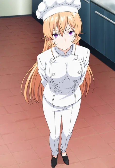 score_9,score_8_up,score_7_up,source anime,anime screencap,anime coloring,masterpiece,best quality,Nakiri Erina, long hair,blonde hair,hair between eyes,purple eyes,chef, chef uniform, buttons, white pants, shoes, chef hat,,, standing.,
