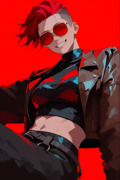 woman、grin、GoldColorGradationUnderCut、evil_eye_sigma、ShinySkin、TransparentBackground、Slender、Bird's eye view、red_color_Sunglasses、tall_and_athletic、leather_midriff_jacket、training_glove、sexy