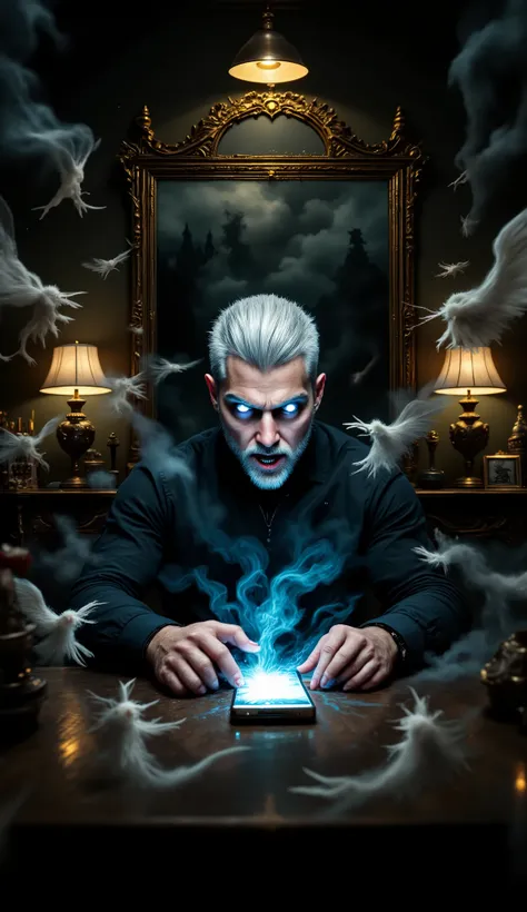Dark fantasy illustration. Medium shot. A handsome 30-year-old man with aquiline features, blue eyes, and close-cut silver hair, desperately trying to call his girlfriend on his phone, surrounded by angels and devils running amok. Close-up. Inspired by th...