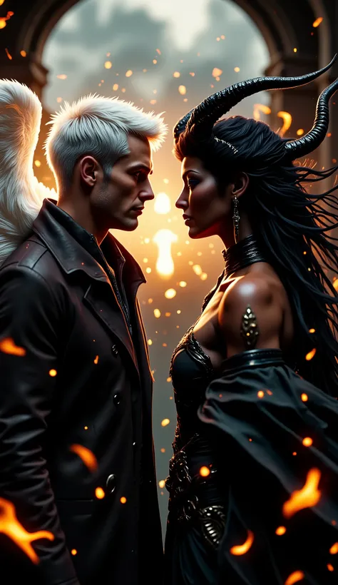 this one again
A captivating portrait shows an angel and a demon in stark opposition. On the left, a man with short white hair and a stern expression wears a dark, high-collared coat. He has white, feathered wings and a glowing halo, symbolizing his angel...