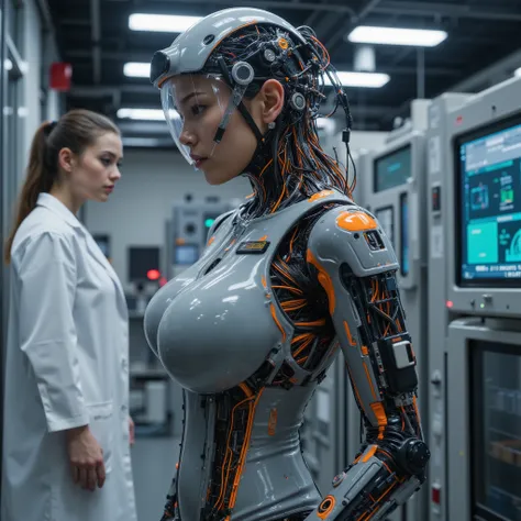 Masterpiece cybertechnology photo, photorealistic sideview portrait of slim young ((fullbreasted)) japanese cyborg girl with futuristic technology machine style head, wearing a ((((tight fluorescent black and orange semiconductor circuit board design latex...