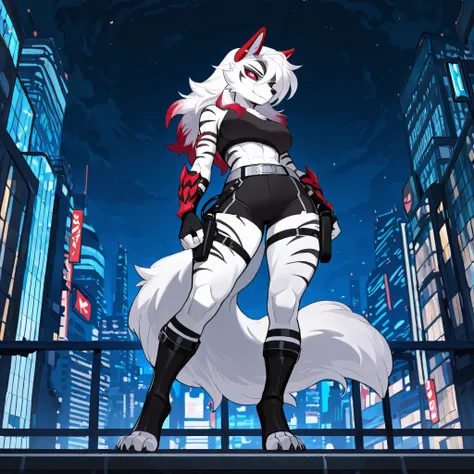Anime style, masterpiece, best quality, full body picture, centered, three-quarters view, 1girl, PLHighwire, furry, tall, anthro, female white wolf, digitigrade legs, white fur covered body, black toeless boots, calf length boots, boots with straps, black ...