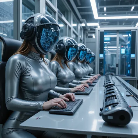 Masterpiece sci-fi photo, photorealistic sideview of several slim young ((((fullbreasted)))) women sitting at a long shiny metal desk with integrated keyboards typing with their fingers. Their heads are completely enclosed by closed clear transparent round...