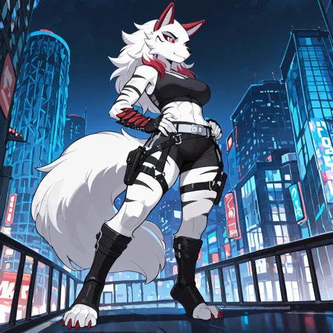 Anime style, masterpiece, best quality, full body picture, centered, three-quarters view, 1girl, PLHighwire, furry, tall, anthro, female white wolf, digitigrade legs, white fur covered body, black toeless boots, calf length boots, boots with straps, black ...