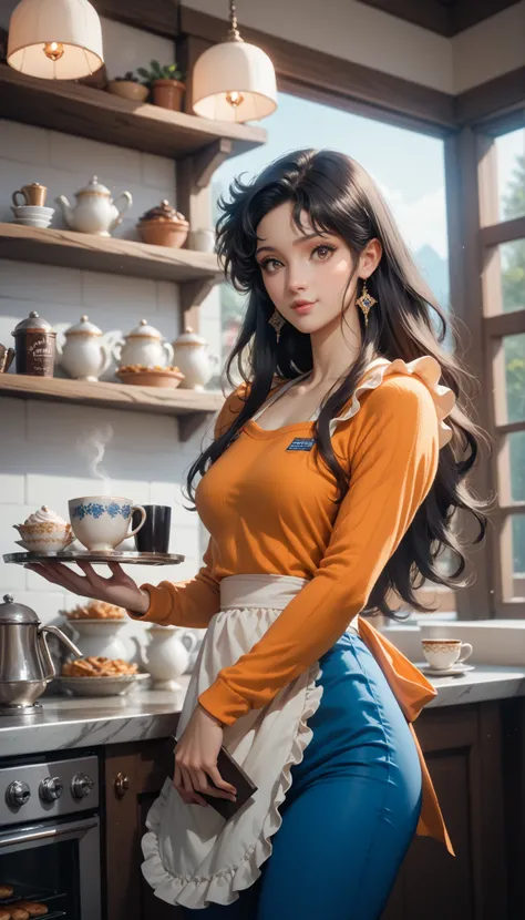 Cat Eye Hitomi, blue pants (dnins), orange sweater, apron (white and blue), black hair, Long hair, brown eyes, slim girl, skinny girl, carries a tray with a cup of coffee, better quality, masterpiece, super realistic, 8 k