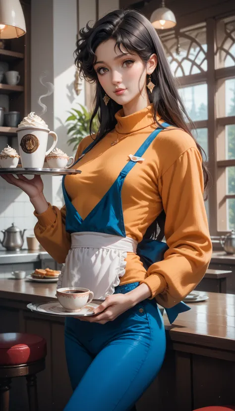 Cat Eye Hitomi, blue pants (dnins), orange sweater, apron (white and blue), black hair, Long hair, brown eyes, slim girl, skinny girl, carries a tray with a cup of coffee, better quality, masterpiece, super realistic, 8 k