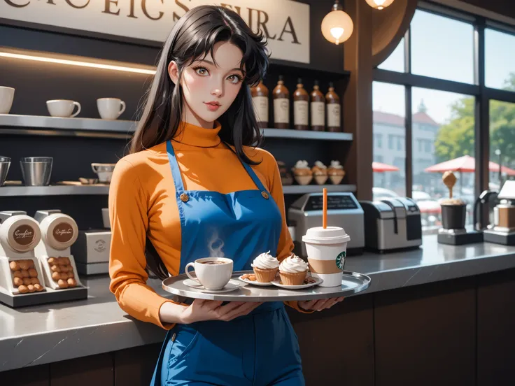 anime cat eye coffee shop, The writing on the wall (Cat's eye),
Cat Eye Hitomi, blue pants (dnins), orange sweater, apron (white and blue), black hair, Long hair, brown eyes, slim girl, skinny girl, carries a tray with a cup of coffee, better quality, ma...