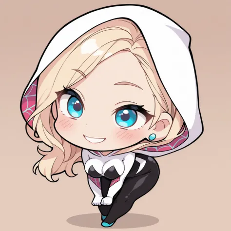Kurashiki Reika, high quality, masterpiece, Very detailed, high quality, high resolution, A girl, solo, blonde hair, blue eyes, beautiful, beautiful and perfect face, smile, View your audience, white strapless sweatshirt, eyes with hood, Spider-Gwen,  Blac...