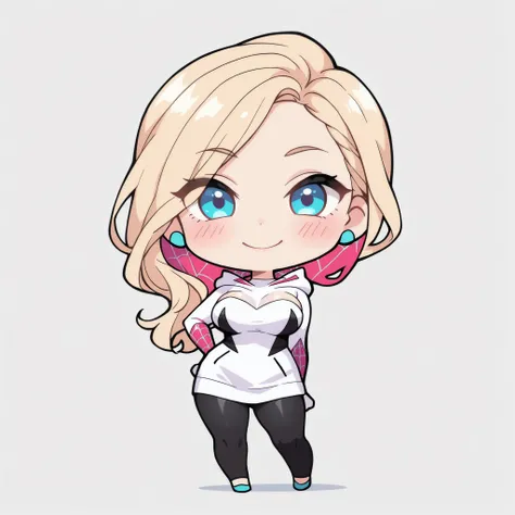 Kurashiki Reika, high quality, masterpiece, Very detailed, high quality, high resolution, A girl, solo, blonde hair, blue eyes, beautiful, beautiful and perfect face, smile, View your audience, white strapless sweatshirt, eyes with hood, Spider-Gwen,  Blac...
