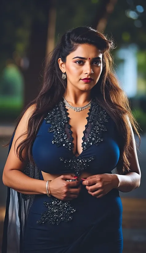 Mature Indian lady, wearing dark blue deep neck sleeveless blouse and saree, showing her cleavage and navel with her waist and hip long silky hair, feminine realistic hands with dark red manicure, nice curves, sitting outdoors , sensual, erotic, 8k cinemat...
