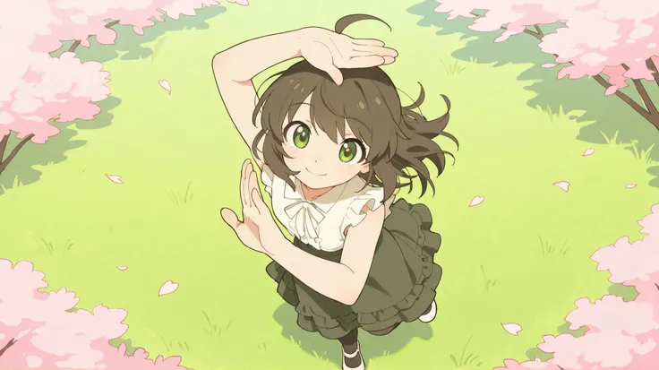 masterpiece, best quality, newest, absurdres, highres,view from above,
short dark brown hair, ahoge, shiny green eyes, 1girl, solo, elegant and joyful expression, soft confident smile, striking tango dance pose, one leg extended slightly, arm raised gracef...