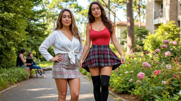 Two athletic young women pose stylishly on a sunny University campus, surrounded by lush greenery and blooming flowers. The woman on the left, with long blonde hair, stands confidently with her hands on her hips, wearing a pink and black plaid skirt that b...