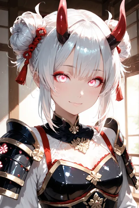 an petite young female between the age of 18-20, they have an detailed but cute face, she has Japanese inspired make up on her face as well, They have short silver hair with intricate side buns adorned with red horn-like accessories, they have bright wide ...