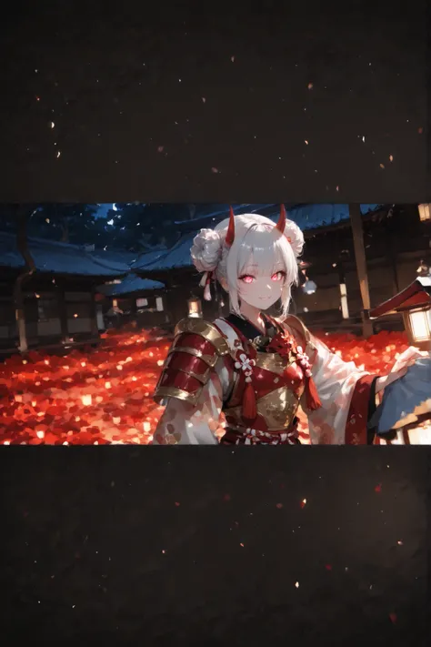 an petite young female between the age of 18-20, they have an detailed but cute face, she has Japanese inspired make up on her face as well, They have short silver hair with intricate side buns adorned with red horn-like accessories, they have bright wide ...