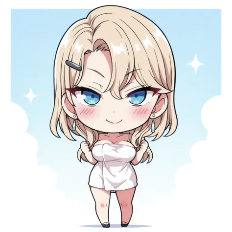 Kurashiki Reika, high quality, masterpiece, Very detailed, high quality, high resolution, A girl, solo, blonde hair, blue eyes, beautiful, beautiful and perfect face, smile, View your audience, white towel, cowboy shot, hair clip , visible, Big Breasts, Ch...