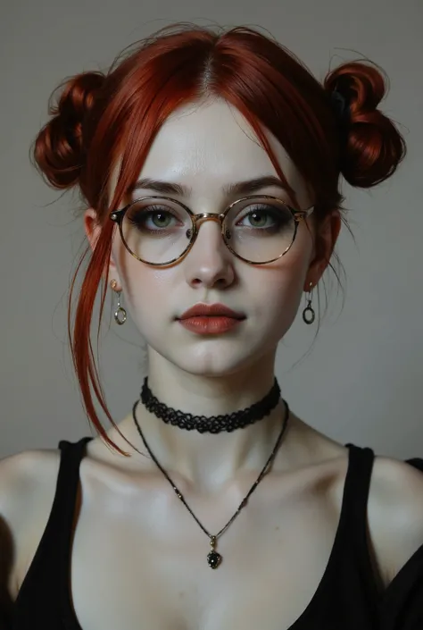 Face portrait of a pale redhead goth emo , Her dark, haunting eyes are framed by black eyeshadow and eyeliner. Her hair made up in two ponytails. Her lips, painted in deep crimson, curl into a soft smile—equal parts vulnerable and dangerous, as if she know...