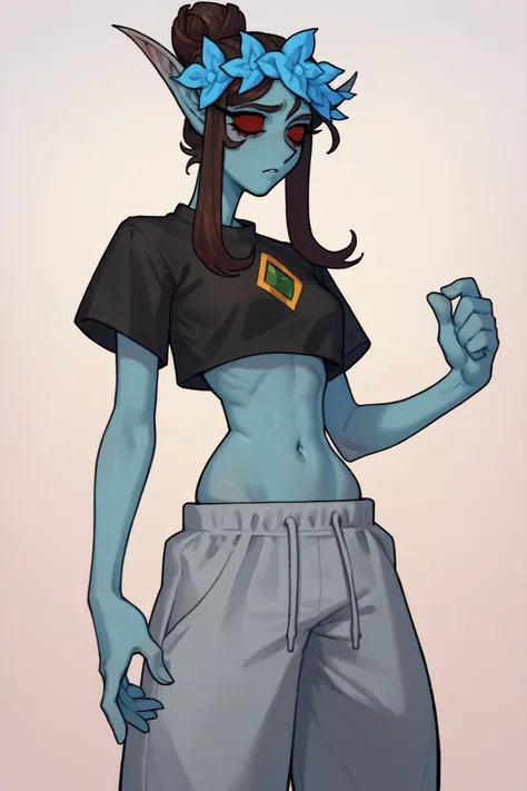 score_9, score_8_up, score_7_up, BREAK, 1girl, solo, breasts,   azura, blue skin, no pupils, pointy ears, hair ornament, hair bun, black long sleeved cropped shirt, bare midrifd, belly, skinnt waist, baggy lowrise grey pants,