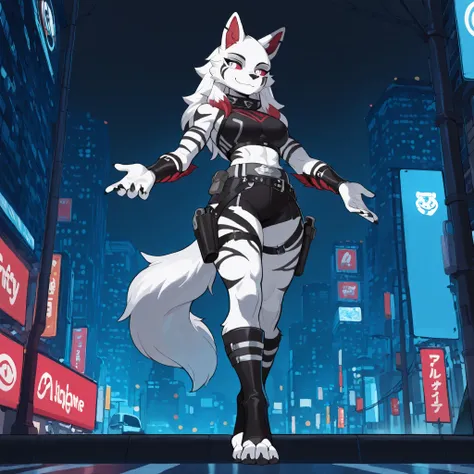 Anime style, masterpiece, best quality, full body picture, (centered), three-quarters view, 1girl, PLHighwire, furry, anthro, athletic build, female white wolf, digitigrade legs, white fur covered body, black toeless boots, calf length boots, boots with st...