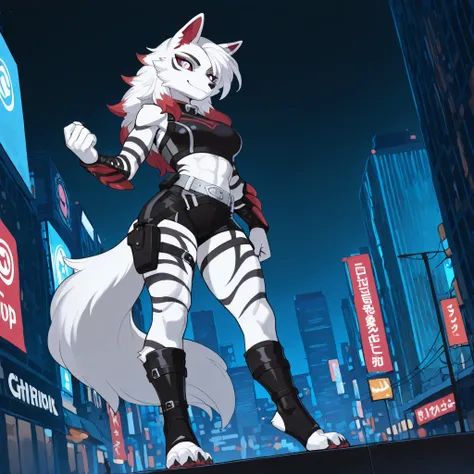 Anime style, masterpiece, best quality, full body picture, (centered), three-quarters view, 1girl, PLHighwire, furry, anthro, athletic build, female white wolf, digitigrade legs, white fur covered body, black toeless boots, calf length boots, boots with st...