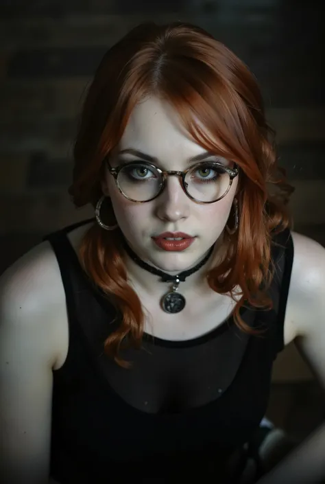 Face portrait of a pale redhead goth emo, Her dark, haunting eyes are framed by black eyeshadow and eyeliner. Her hair made up in two ponytails. Her lips, painted in deep crimson, curl into a soft smile—equal parts vulnerable and dangerous, as if she knows...