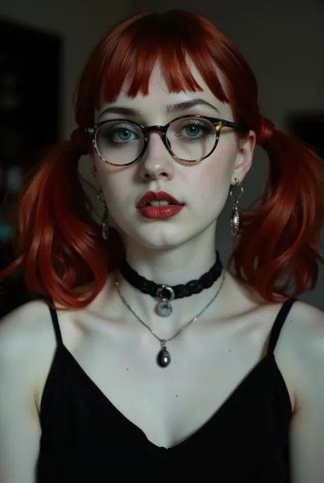 Face portrait of a pale redhead goth emo, Her dark, haunting eyes are framed by black eyeshadow and eyeliner. Her hair made up in two ponytails. Her lips, painted in deep crimson, curl into a soft smile—equal parts vulnerable and dangerous, as if she knows...